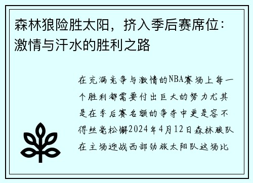 森林狼险胜太阳，挤入季后赛席位：激情与汗水的胜利之路
