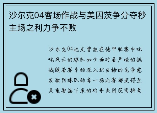 沙尔克04客场作战与美因茨争分夺秒主场之利力争不败